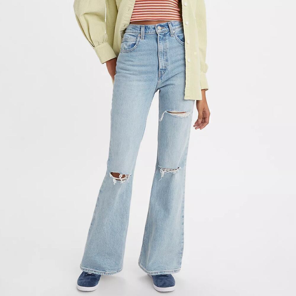 Levi's 70's Ultra High Rise Distressed Flare Leg Denim Jeans Light Wash Blue 26